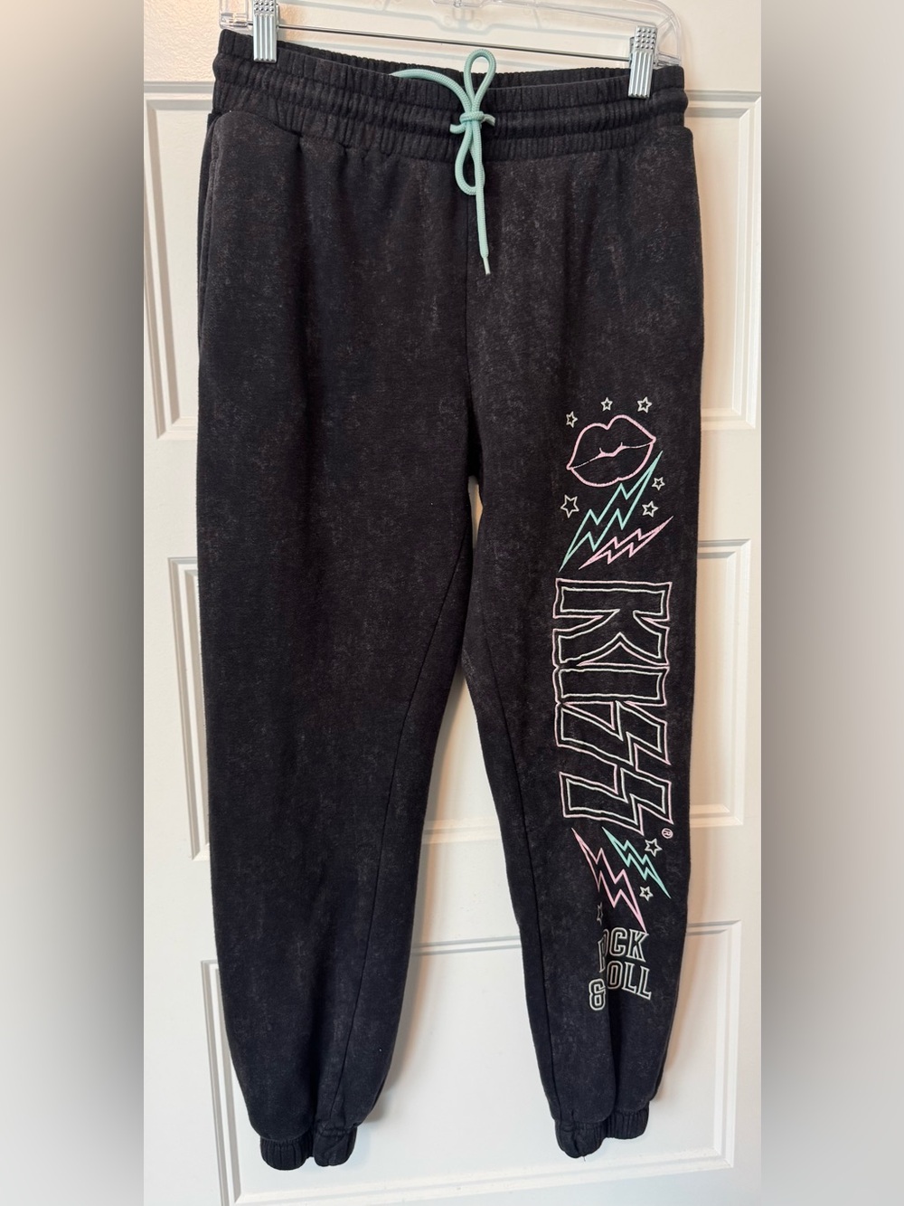 KISS Rock & Roll Sweatpants Black Acid Wash Graphic Y2K Medium Unisex